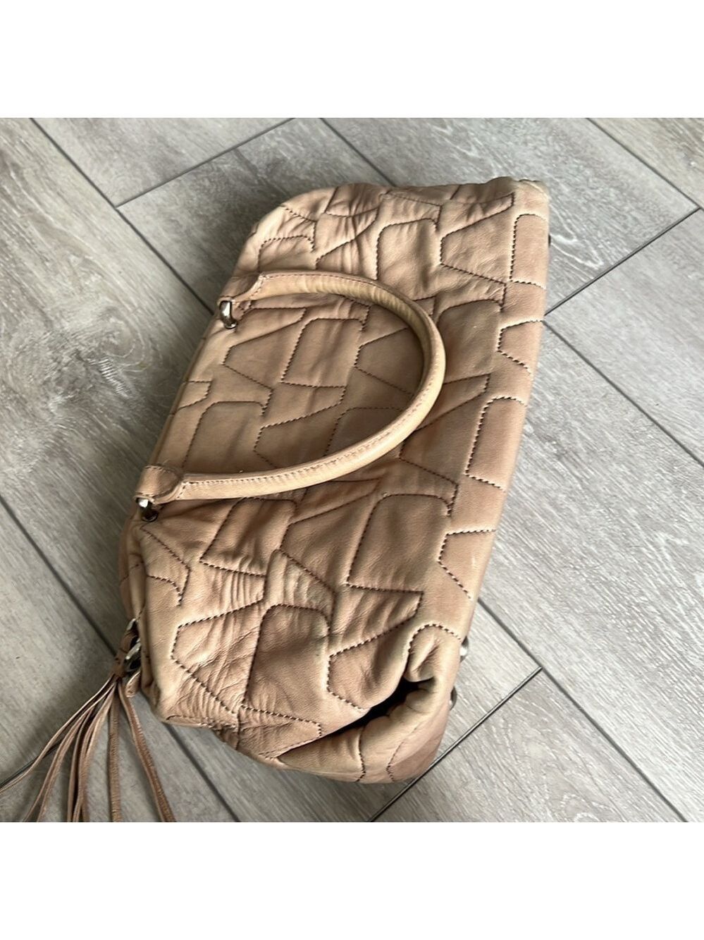 Adolfo Domingo neutral tan leather Quilted tassel barrel shoulder bag - Picture 7 of 14